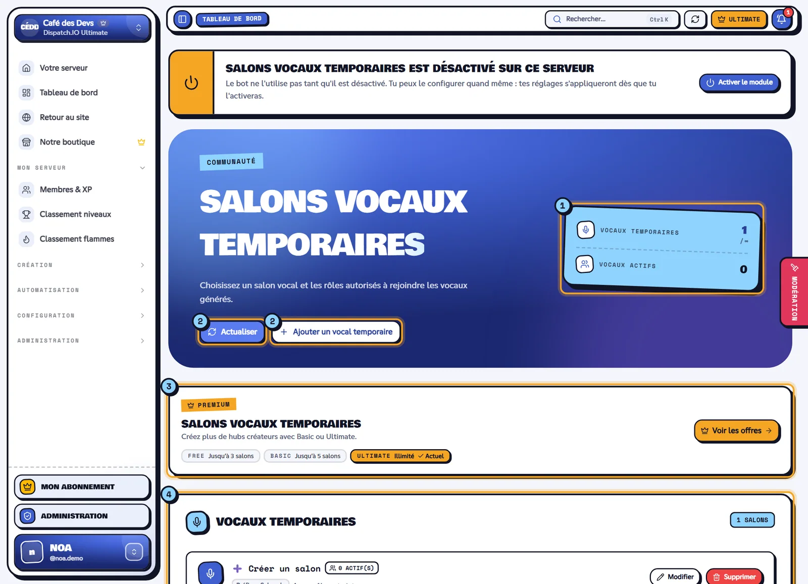 Page Salons vocaux temporaires avec le salon créateur « ➕ Créer un salon »