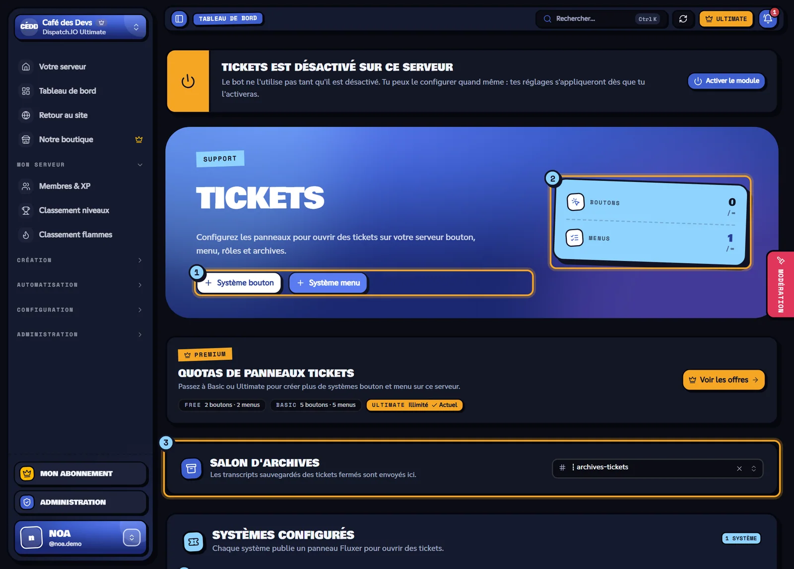 Page Tickets avec les quotas, le salon d'archives et les systèmes configurés
