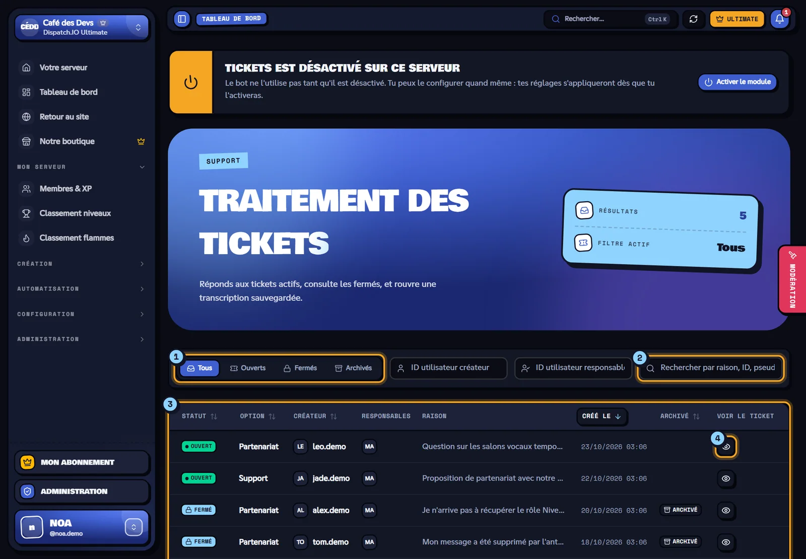 Liste des tickets avec les filtres de statut, la recherche et le tableau