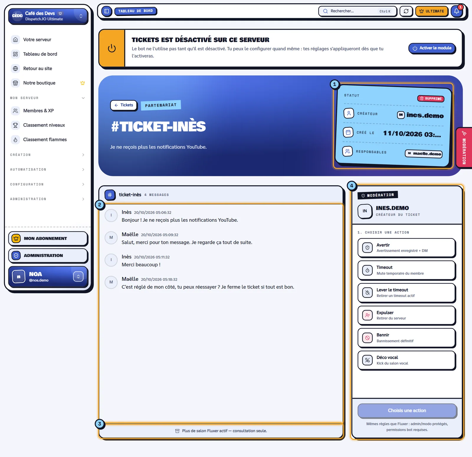 Espace de travail d'un ticket supprimé avec sa transcription sauvegardée et le panneau de modération