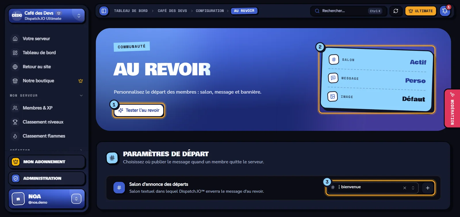 Page Au revoir avec trois indicateurs et le salon des départs
