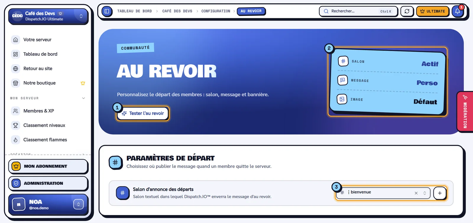 Page Au revoir avec trois indicateurs et le salon des départs