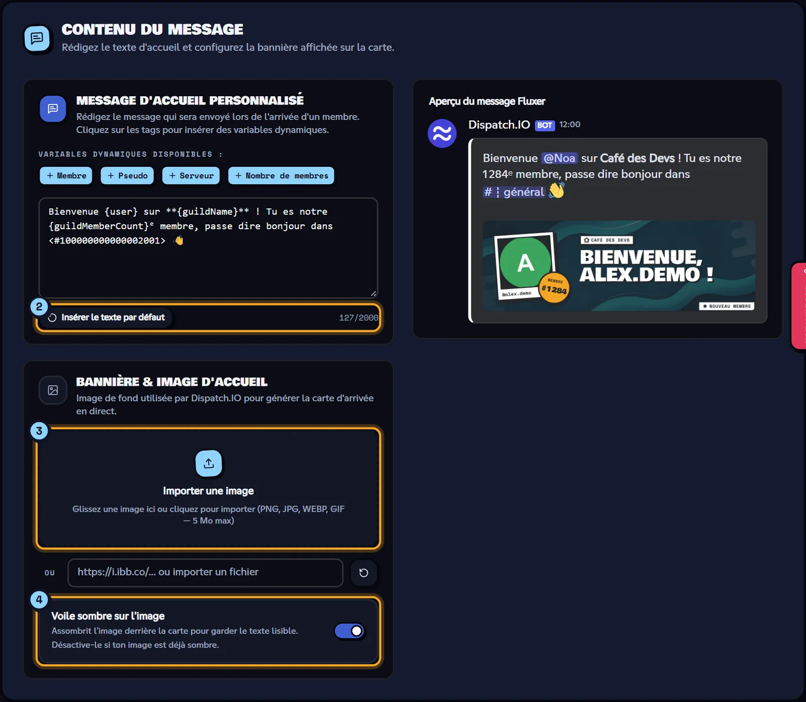 Contenu du message de bienvenue avec les variables, l'image de fond et l'aperçu Fluxer