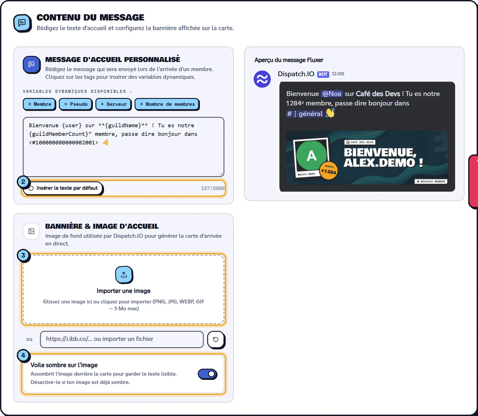 Contenu du message de bienvenue avec les variables, l'image de fond et l'aperçu Fluxer