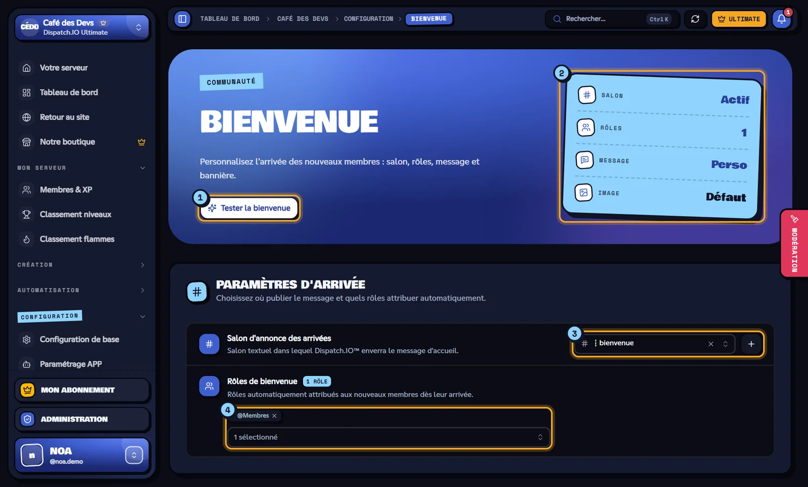 Page Bienvenue avec le bouton de test, les indicateurs et les paramètres d'arrivée