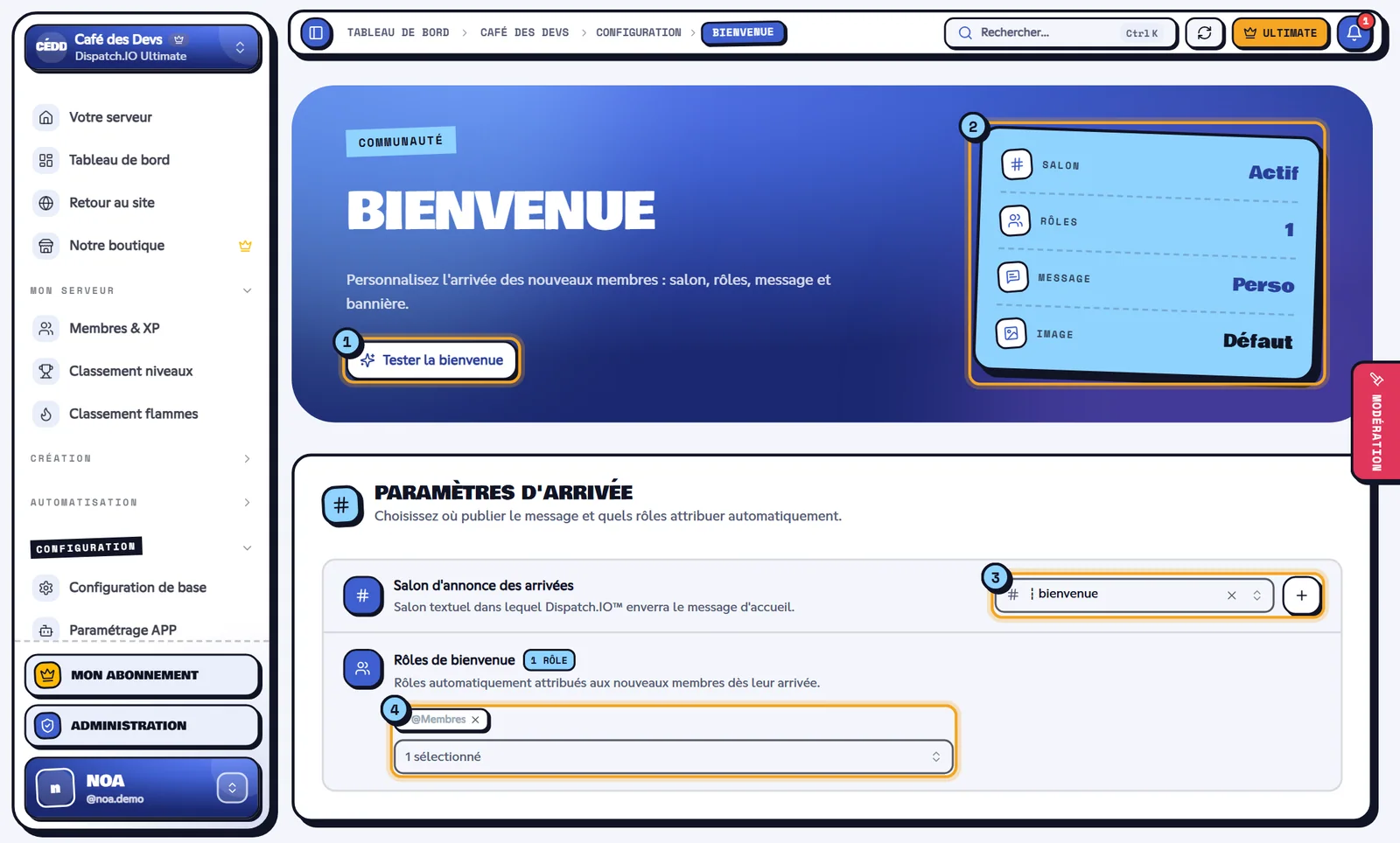 Page Bienvenue avec le bouton de test, les indicateurs et les paramètres d'arrivée