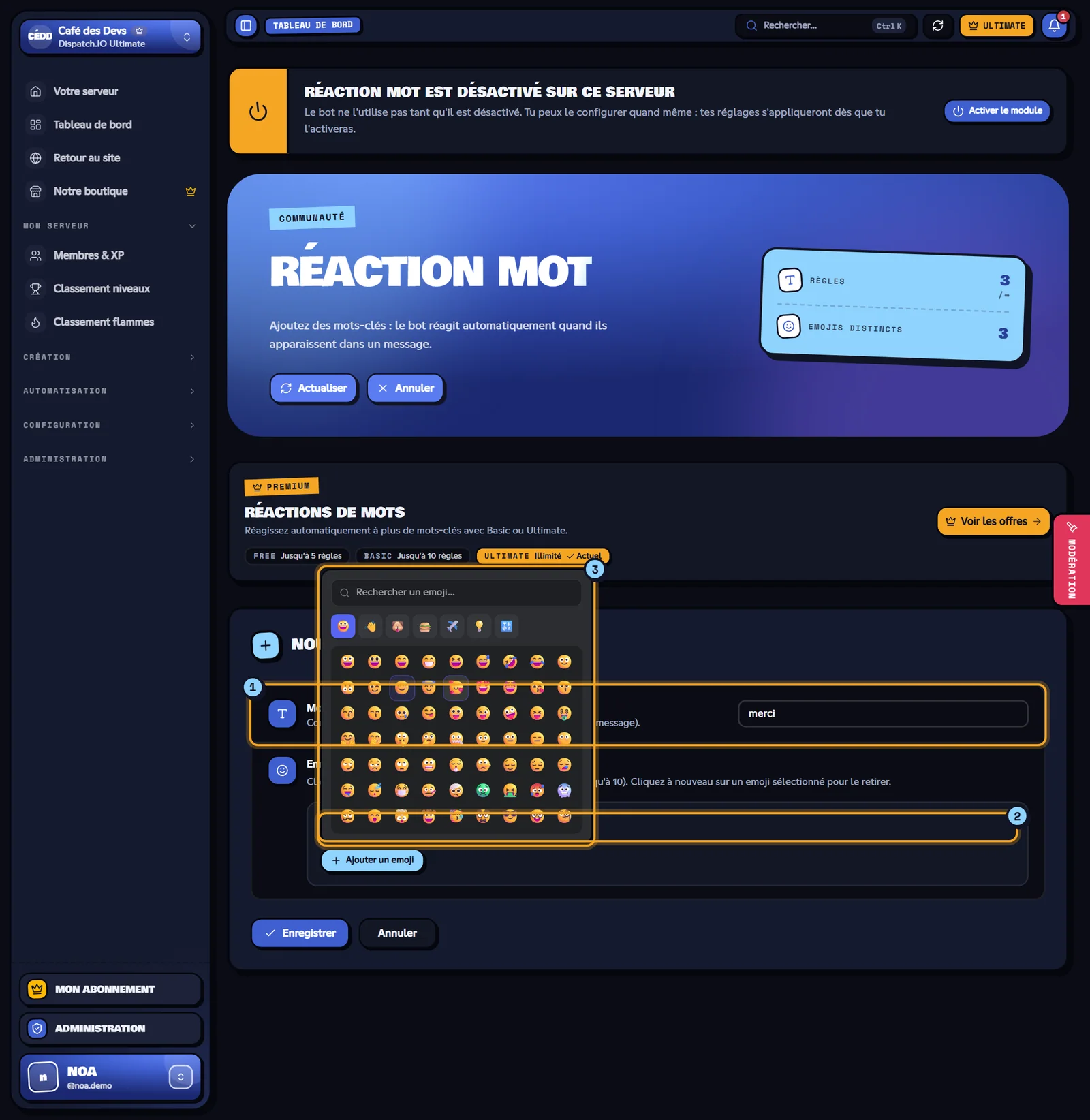 Formulaire Nouvelle réaction mot avec le sélecteur d'emojis ouvert
