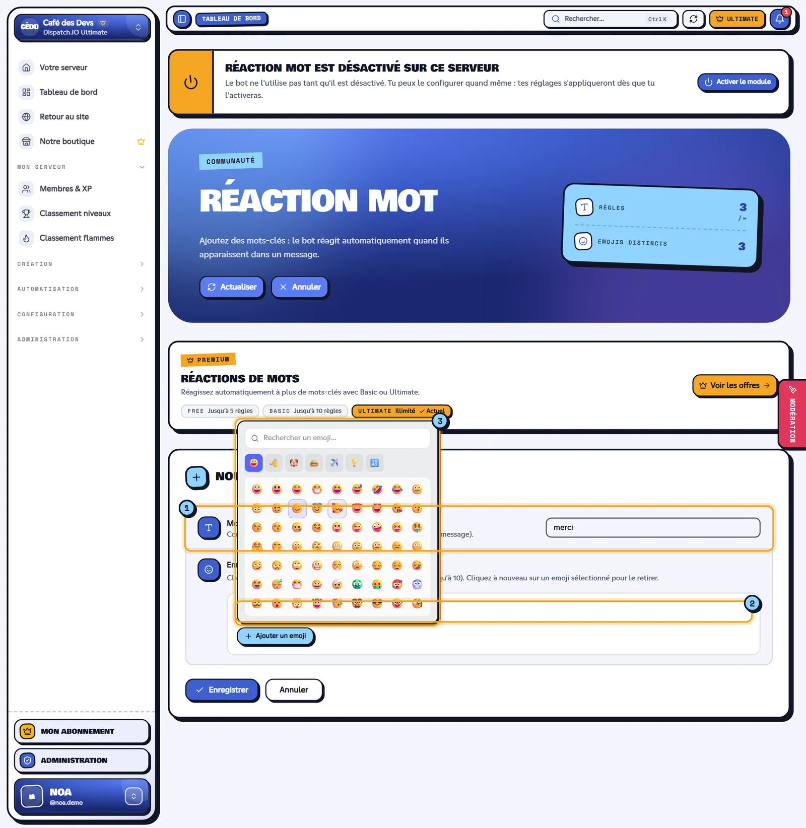 Formulaire Nouvelle réaction mot avec le sélecteur d'emojis ouvert