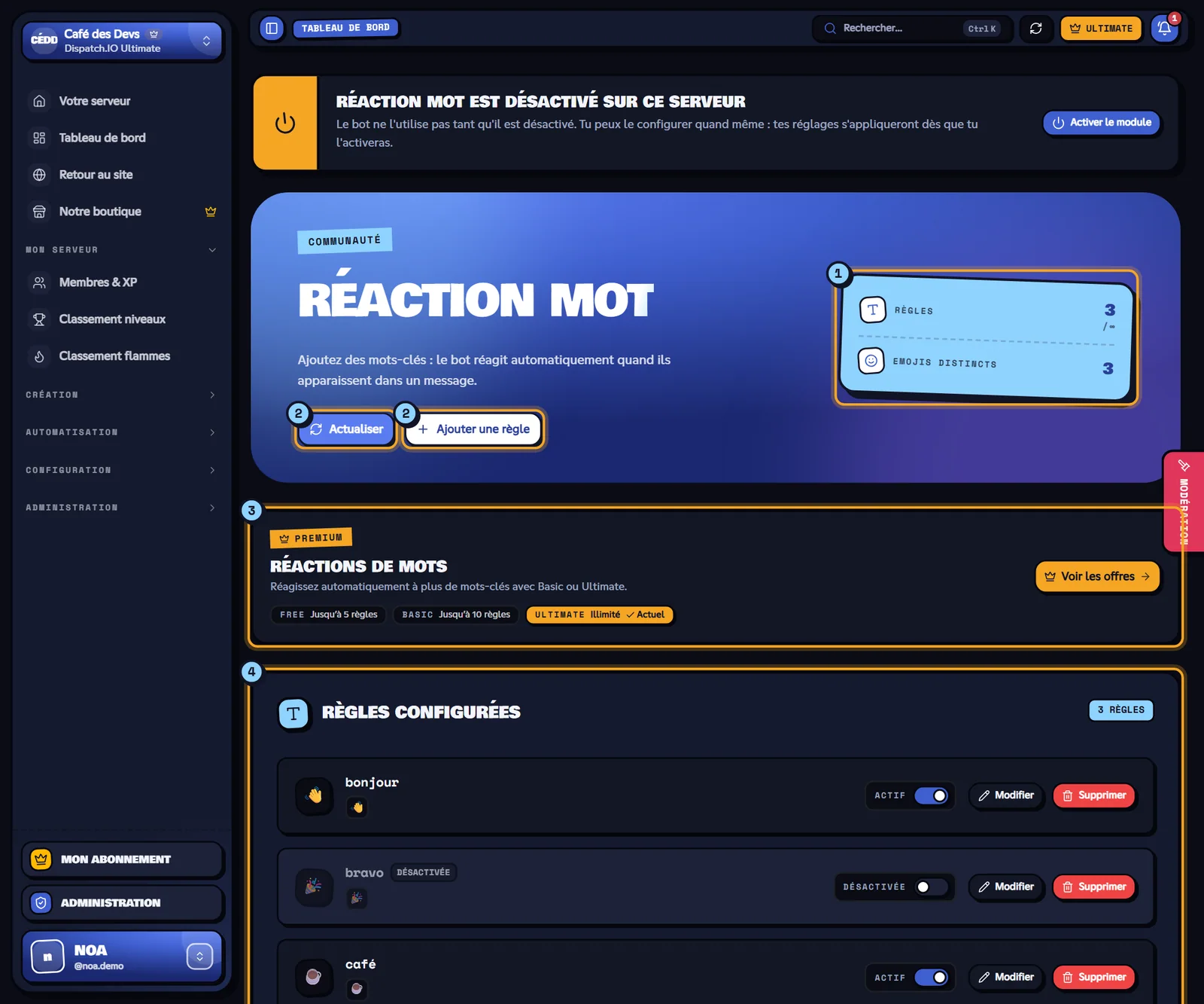 Page Réaction mot avec trois règles configurées