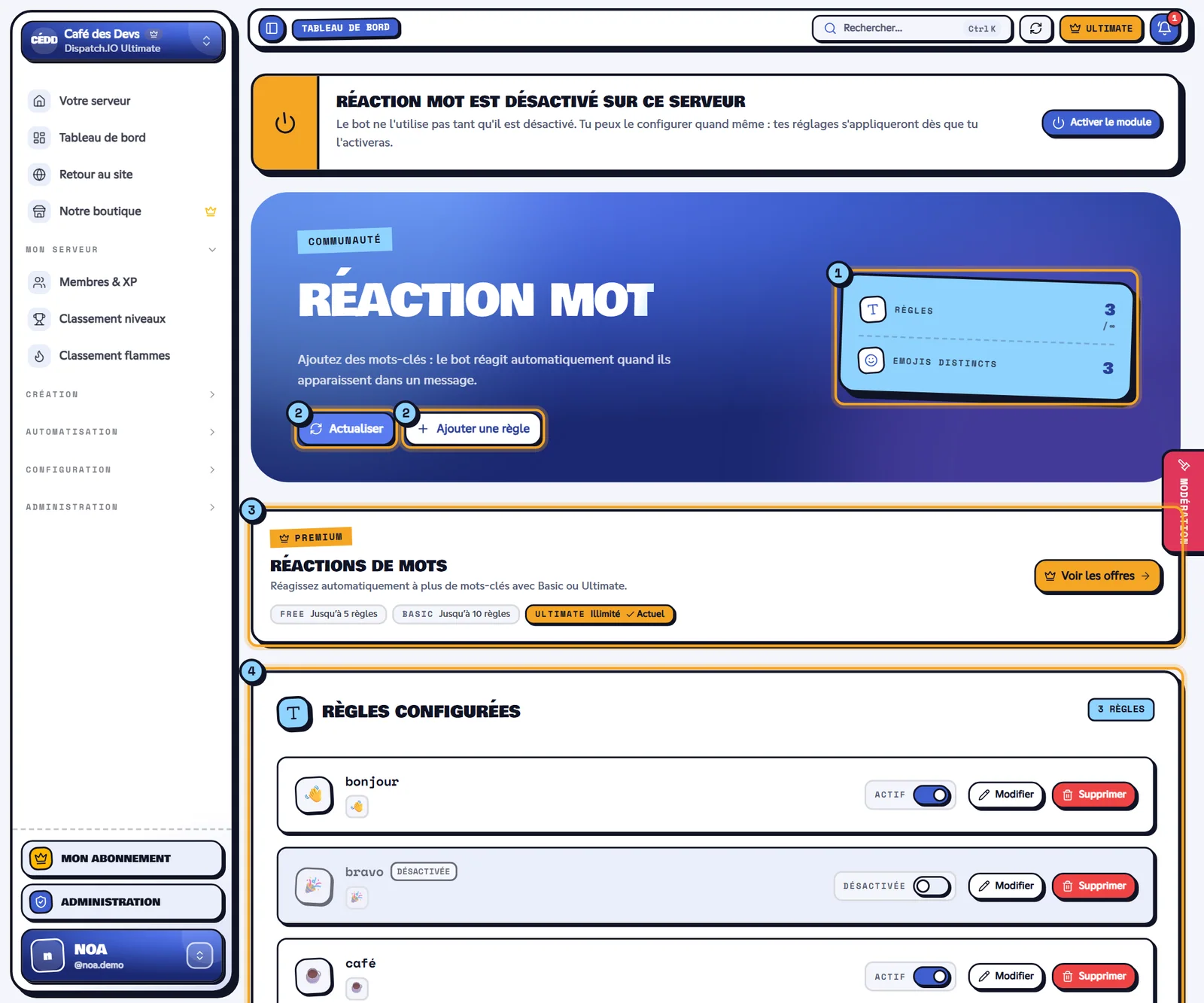 Page Réaction mot avec trois règles configurées