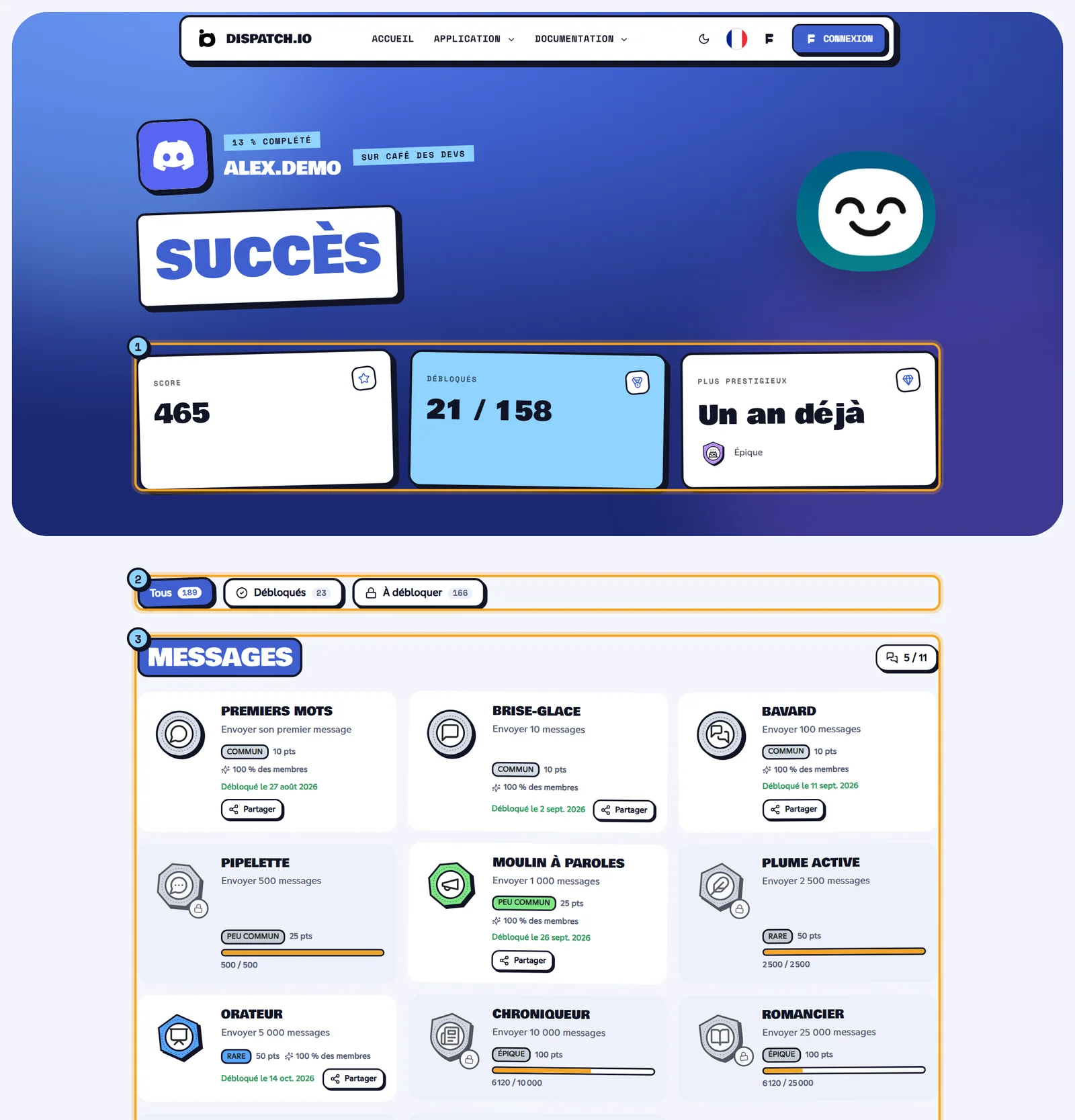 Page des succès d'Alex sur Café des Devs : score, succès débloqués, filtres et catégories