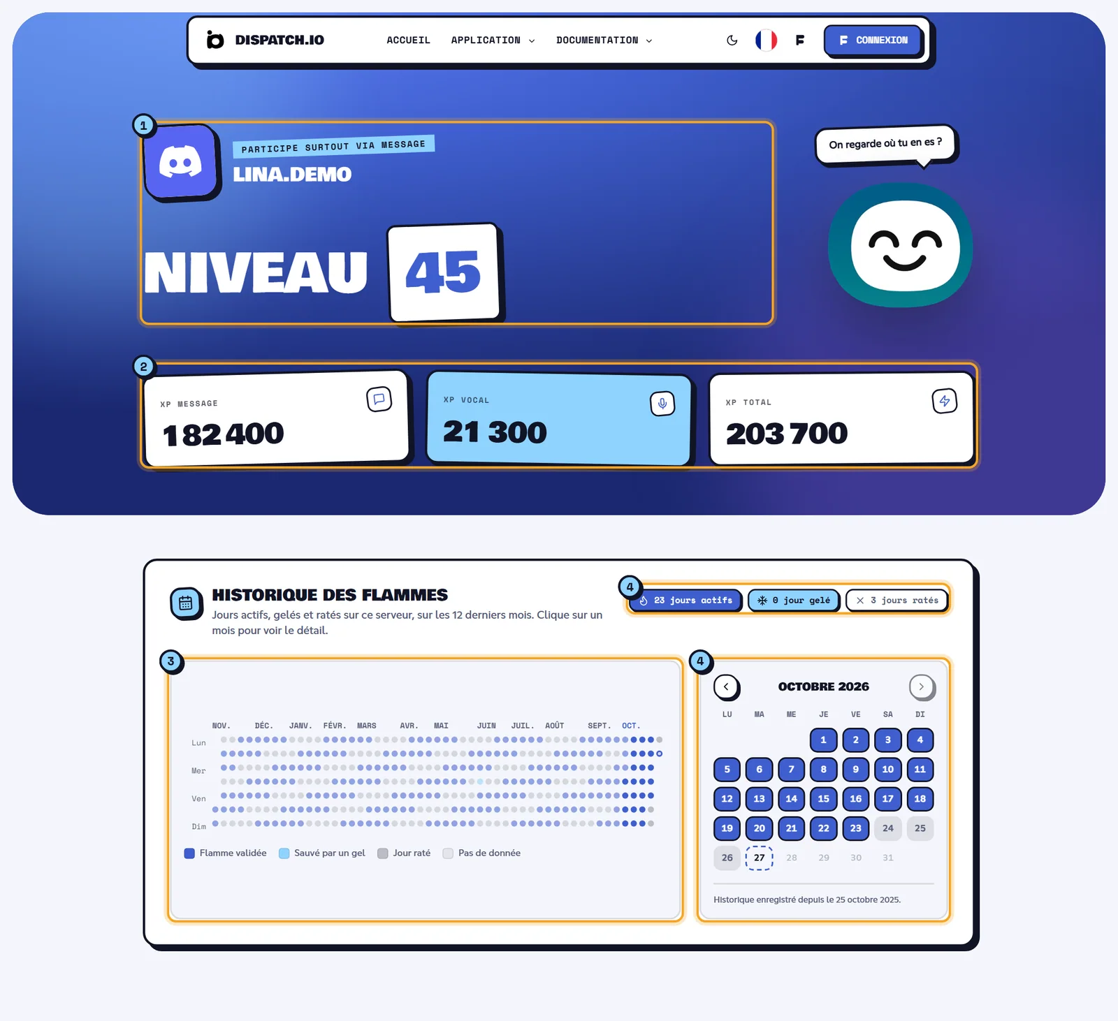 Carte de rang de Lina sur Café des Devs : avatar, Niveau 45, trois compteurs d'XP et historique des flammes sur 12 mois