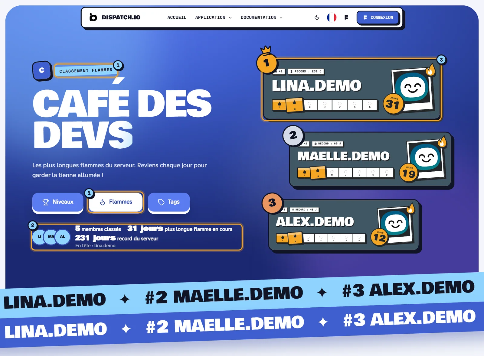 Classement des flammes de Café des Devs : en-tête avec le bouton Flammes actif, chiffres clés et podium de cartes de flamme avec les jours de la semaine
