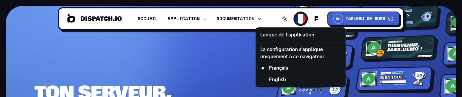 Menu Langue de l'application ouvert depuis le drapeau du menu du haut, avec les choix Français et English