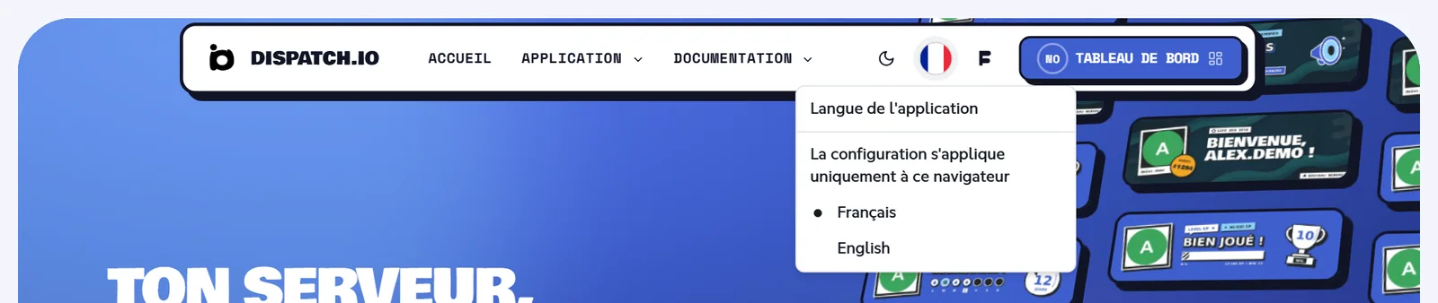 Menu Langue de l'application ouvert depuis le drapeau du menu du haut, avec les choix Français et English