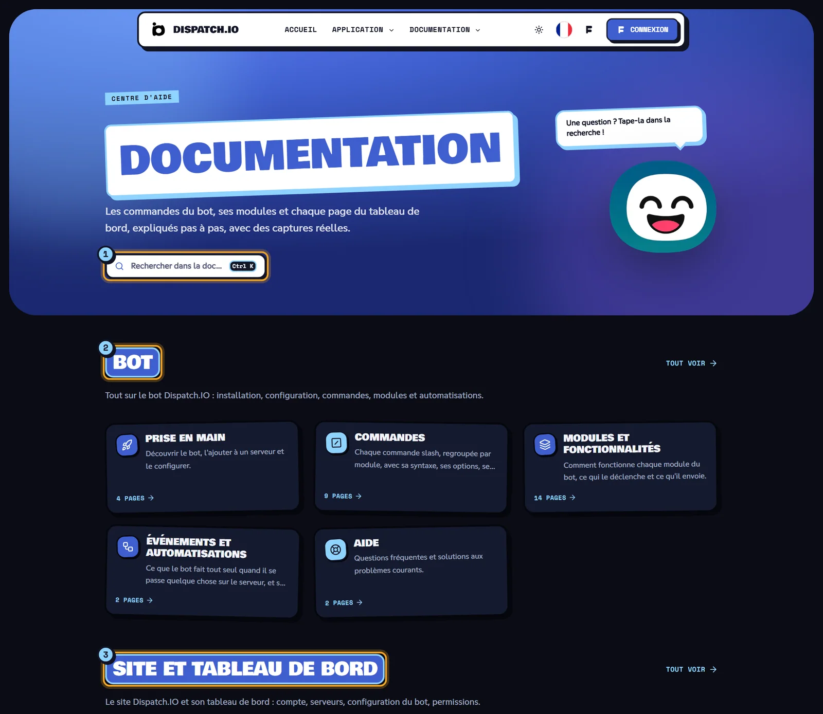 L'accueil de la documentation : la recherche (1), puis un bloc par espace, ici Bot (2) et Site et tableau de bord (3). Accueil de la documentation avec le champ de recherche et les deux espaces