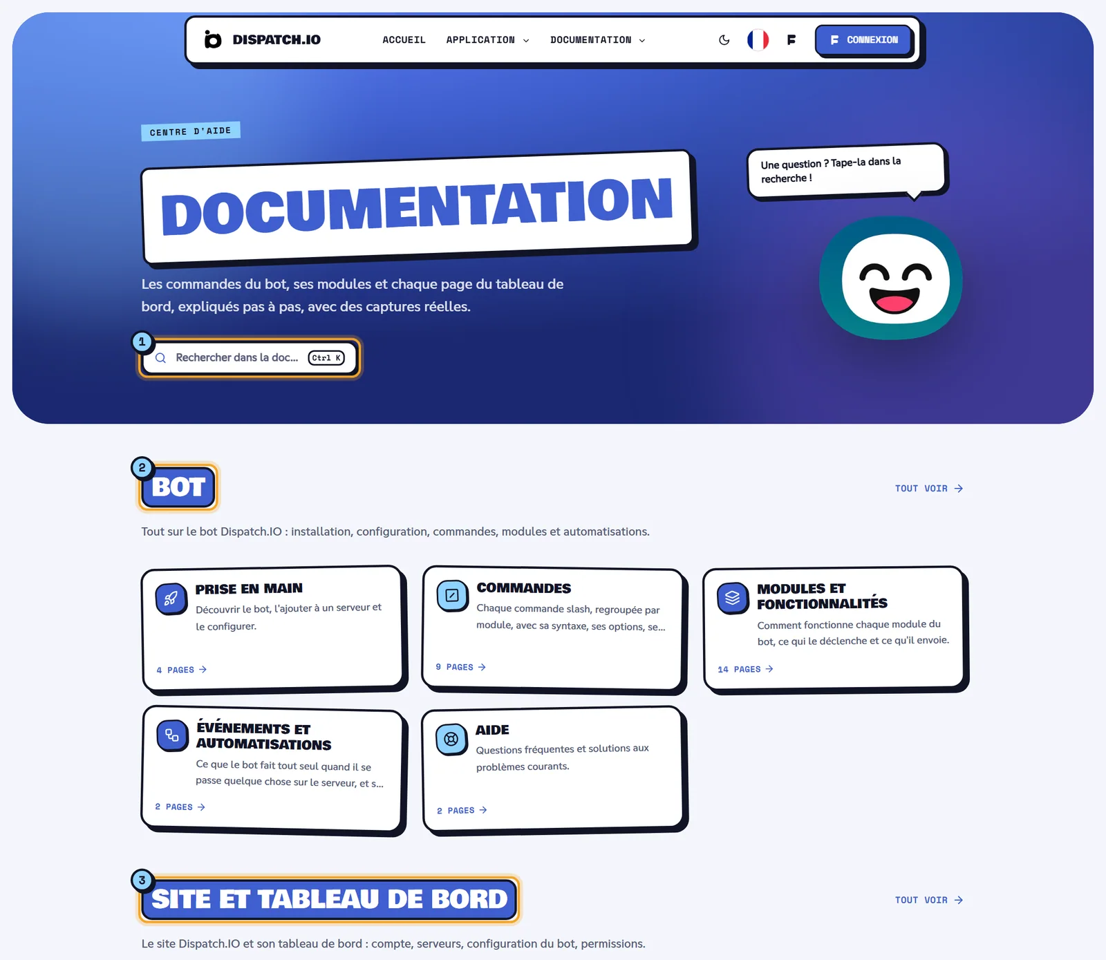 L'accueil de la documentation : la recherche (1), puis un bloc par espace, ici Bot (2) et Site et tableau de bord (3). Accueil de la documentation avec le champ de recherche et les deux espaces