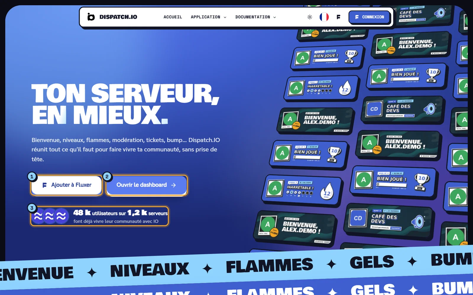 Le haut de la page d'accueil : le bouton Ajouter à Fluxer (1), le bouton Ouvrir le dashboard (2) et les compteurs (3). Haut de la page d'accueil de Dispatch.IO avec le titre, les deux boutons et le compteur d'utilisateurs