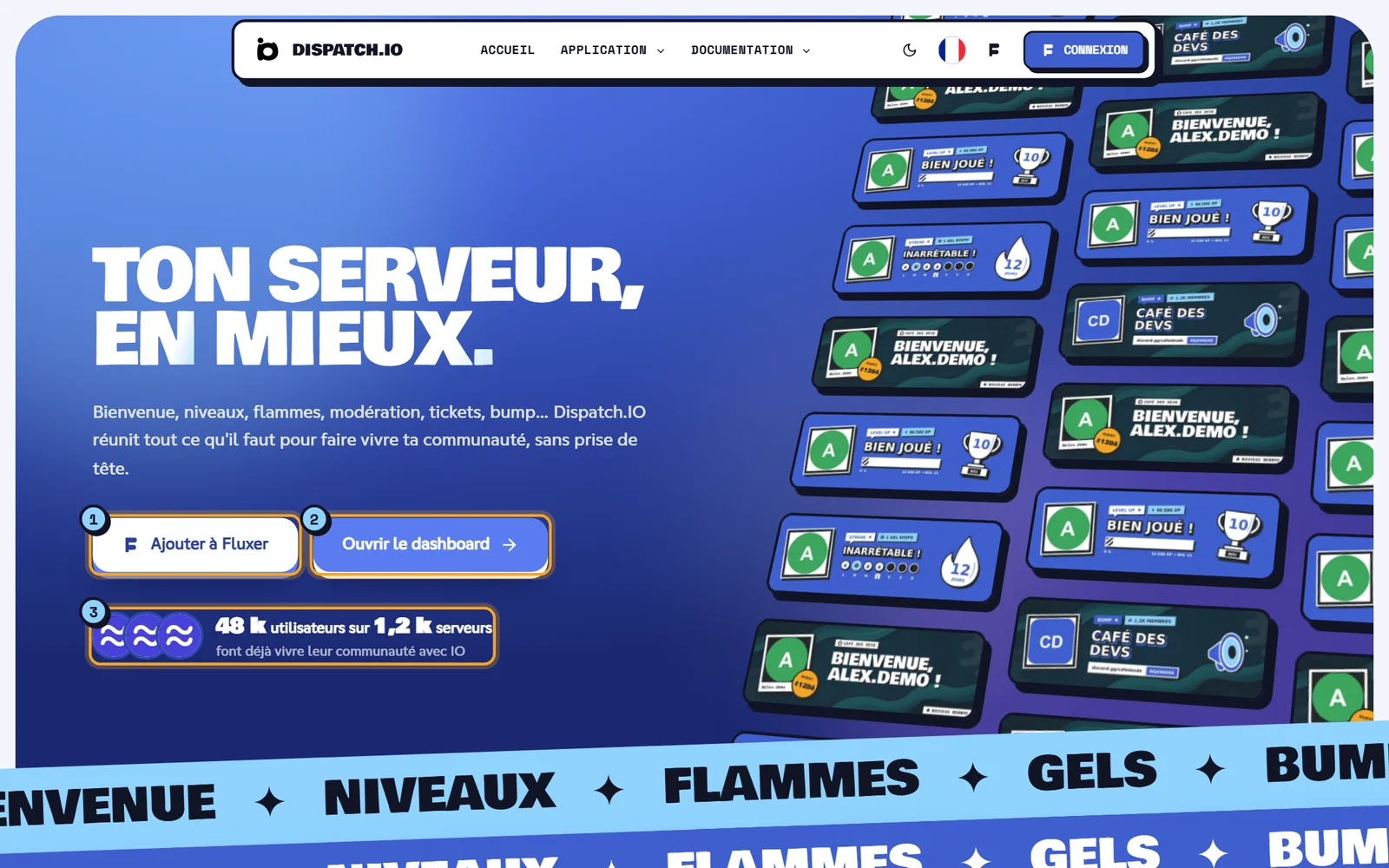 Le haut de la page d'accueil : le bouton Ajouter à Fluxer (1), le bouton Ouvrir le dashboard (2) et les compteurs (3). Haut de la page d'accueil de Dispatch.IO avec le titre, les deux boutons et le compteur d'utilisateurs