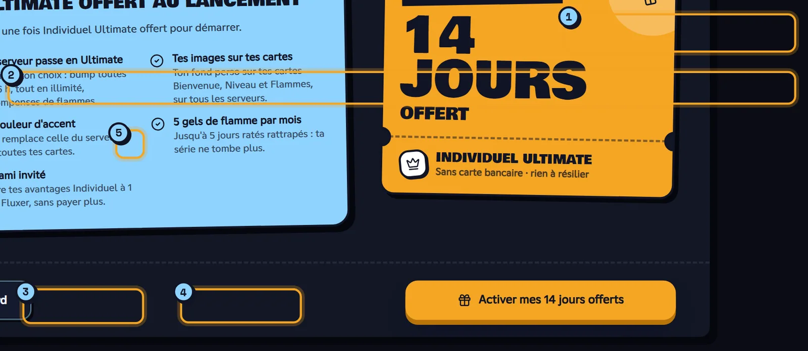 La section Mes serveurs : la recherche (1), les filtres (2), un serveur avec le bot (3), un serveur sans le bot (4) et la couronne du propriétaire (5). Section Mes serveurs avec la recherche, les filtres et deux cartes de serveurs