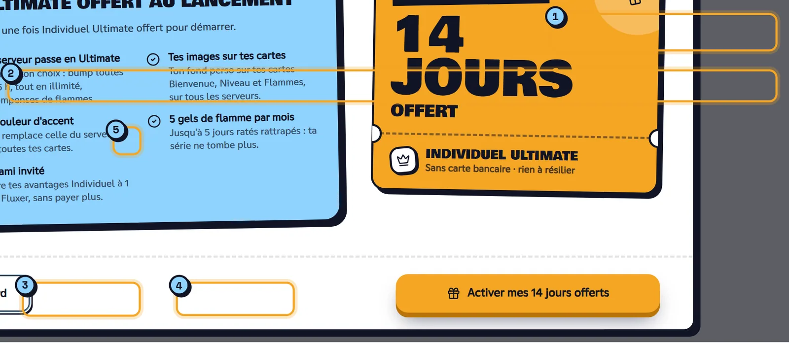 La section Mes serveurs : la recherche (1), les filtres (2), un serveur avec le bot (3), un serveur sans le bot (4) et la couronne du propriétaire (5). Section Mes serveurs avec la recherche, les filtres et deux cartes de serveurs