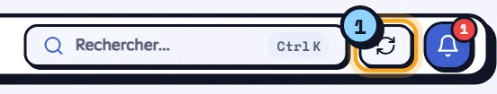 Le bouton de mise à jour (1), ici en attente : il affiche le temps restant avant de pouvoir recommencer. Bouton Mettre à jour les données dans la barre du haut, en attente avant un nouvel essai