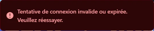 Un message d'erreur après une connexion Fluxer ratée Message d'erreur rouge en bas à droite de la page d'accueil : « Tentative de connexion invalide ou expirée. Veuillez réessayer. »