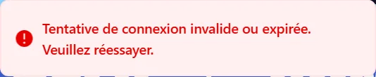 Un message d'erreur après une connexion Fluxer ratée Message d'erreur rouge en bas à droite de la page d'accueil : « Tentative de connexion invalide ou expirée. Veuillez réessayer. »
